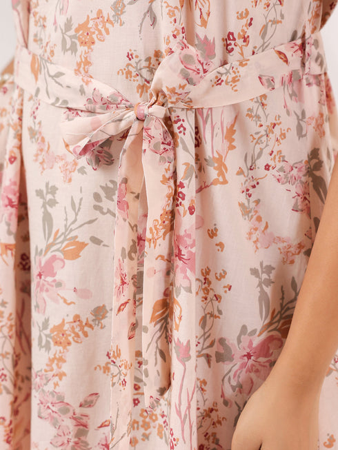 Janasya Women's Peach Pure Cotton Floral Printed A line Dress